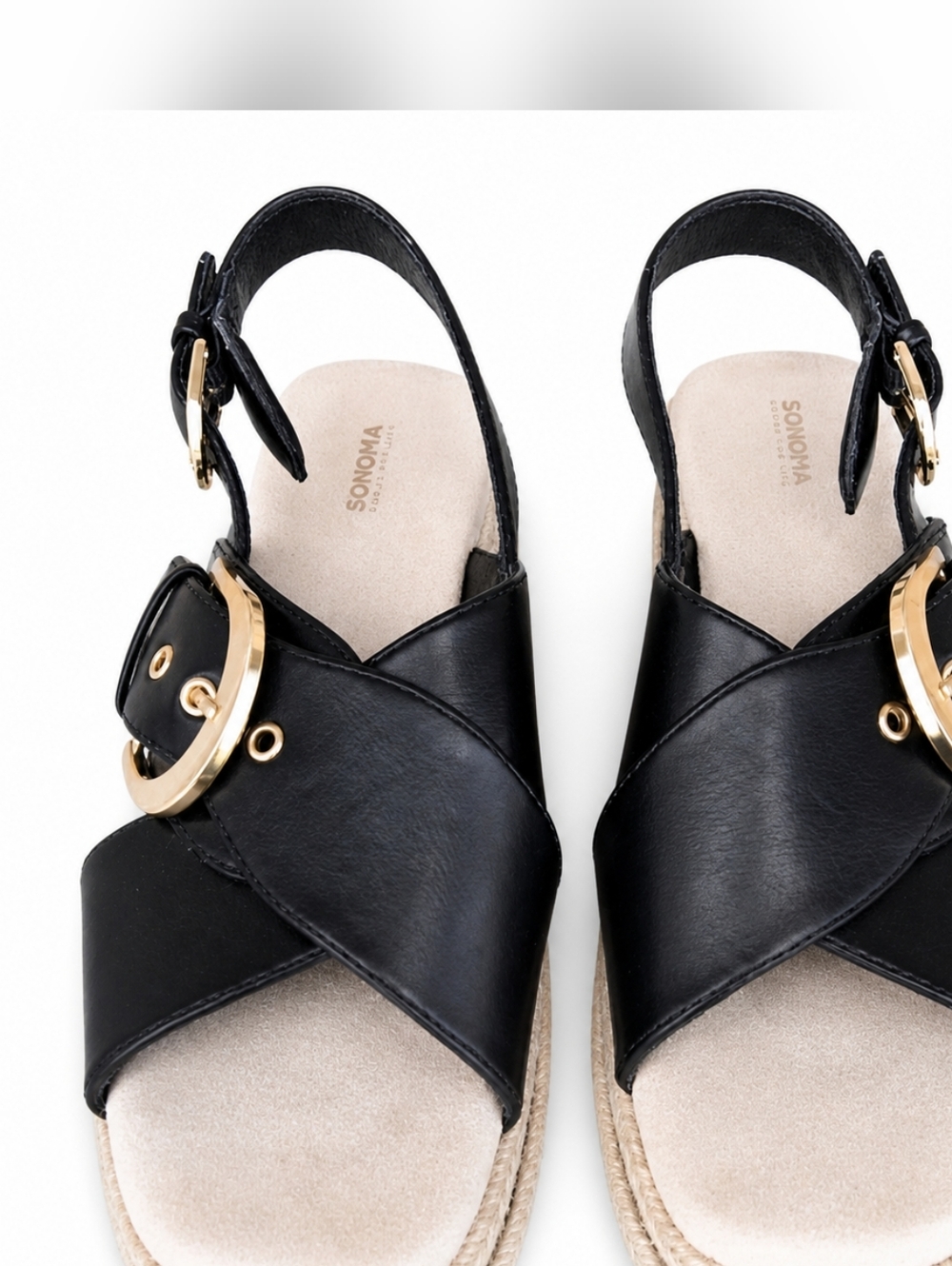 Sonoma Black Platform Sandals Size 7 Gold Buckle Espadrille Wedge Casual Chic - Picture 2 of 13